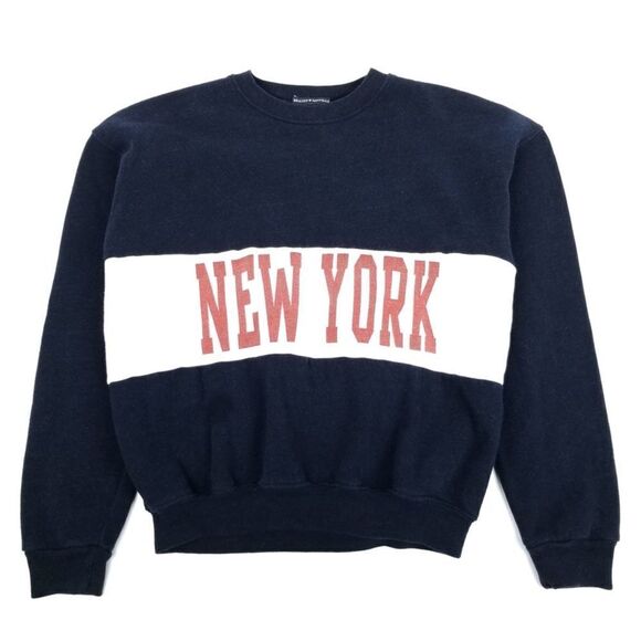 Brandy Melville New York Navy Ribbed Crewneck Sweatshirt Fleece Pullover Sweater - Picture 1 of 5